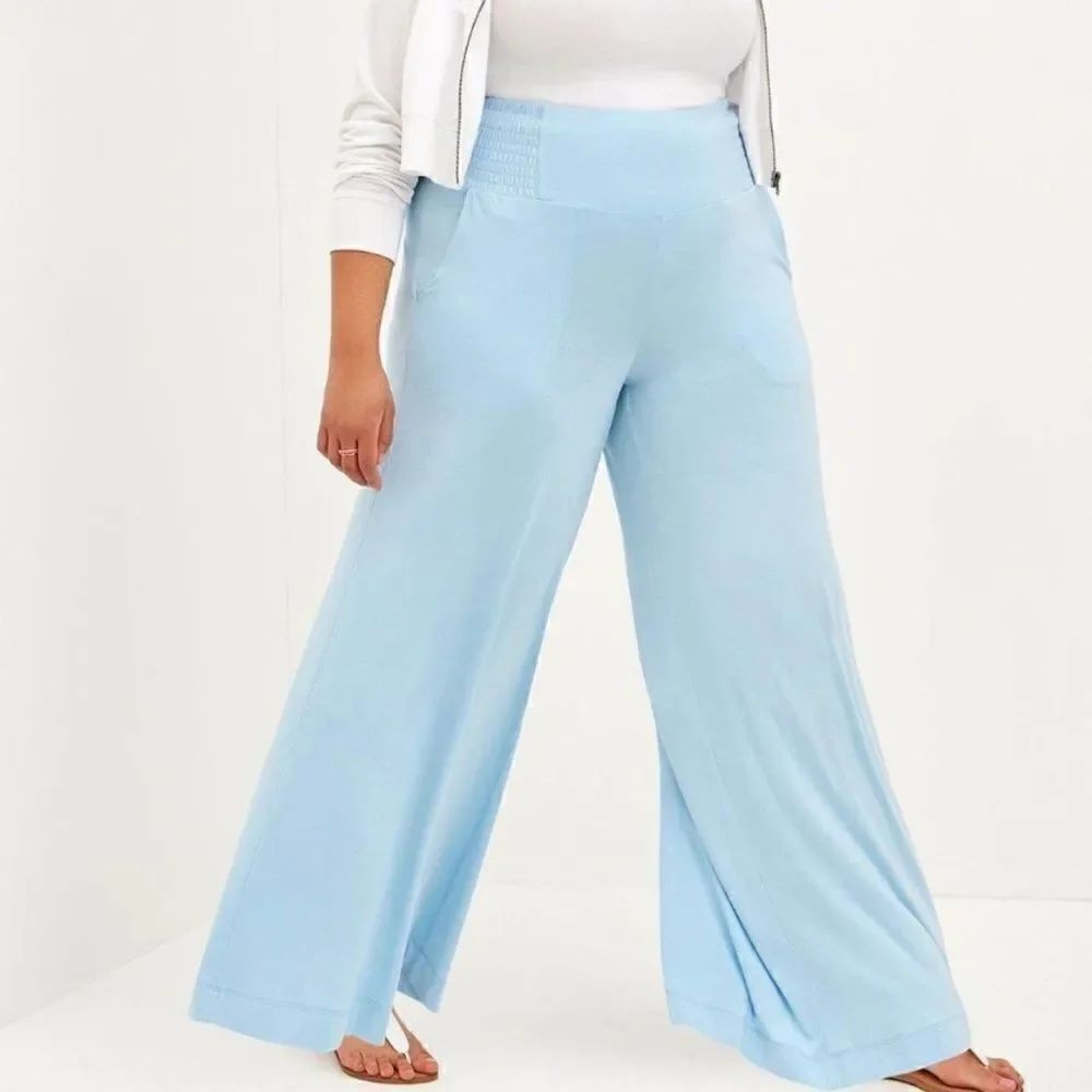 Torrid High Rise Smocked Pull On Wide Leg Pants Blue 1X NEW